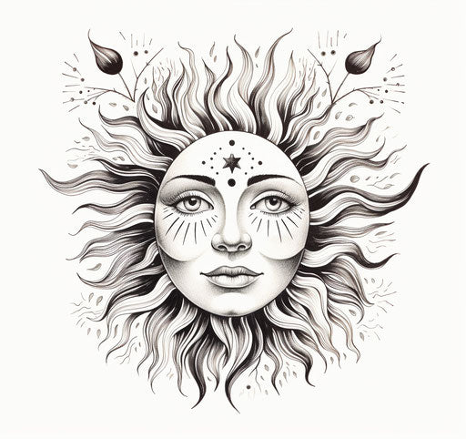 The sun with a closed face and eye in black and white, in the style of Art Nouveau-inspired illustrations
