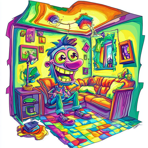 Humorous caricature of a room with human characteristics