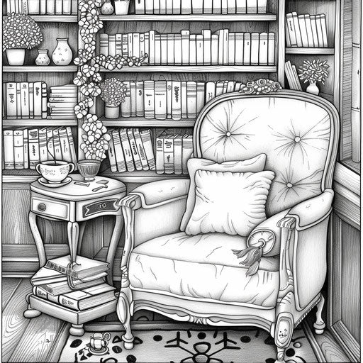 Quiet spot with a reading chair and a steaming cup of tea. Coloring book page