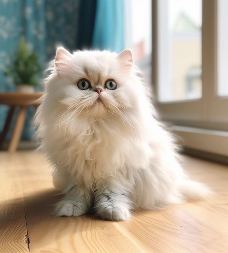 Persian cat with big eyes on wooden floor
