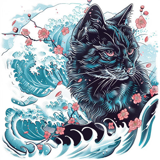 Traditional Japanese black cat tattoo with waves and cherry blossoms on white background