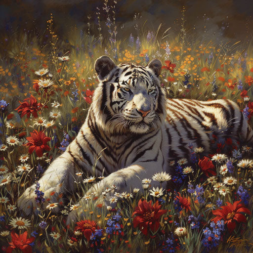 White tiger in field of wildflowers