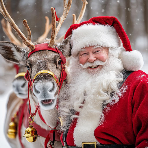 Santa Claus and reindeer sharing a warm smile