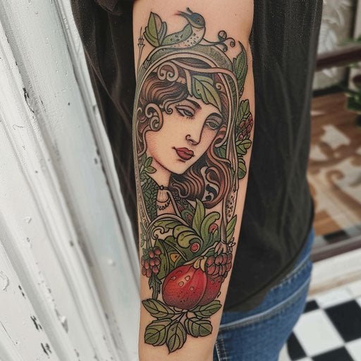 Art nouveau tattoo of Persephone with pomegranates and flowers