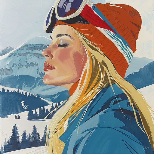 Winter art deco poster, blonde woman blue modern clothing
