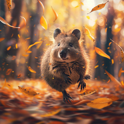 A quokka navigating a vibrant autumn forest