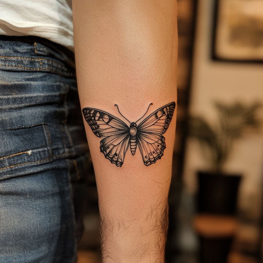 Men's forearm butterfly tattoo with a gothic twist