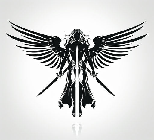 Black and white angel with sword, superhero style, mycenaean art