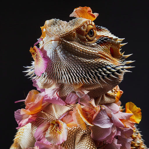 The bearded dragon adorned with delicate flower petals