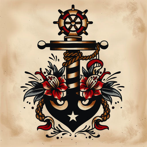Strength tattoo with sailor motifs, in the style of Sailor Jerry