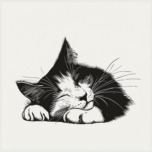 Minimalist tattoo sketch of a sleeping cat in black and white, flat design