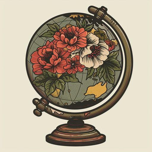 An antique globe with flowers, tattoo style