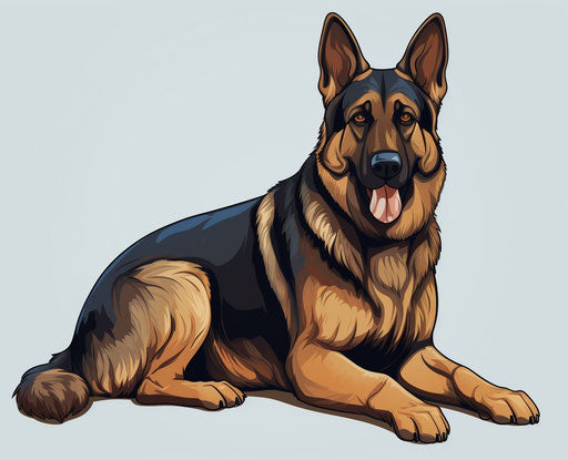German shepherd dog breed illustrations, in dark indigo and light amber style, flat shading, naive drawing