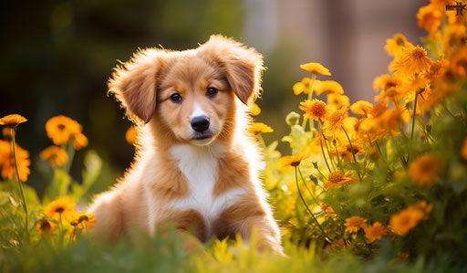 Puppy in grass with orange flowers