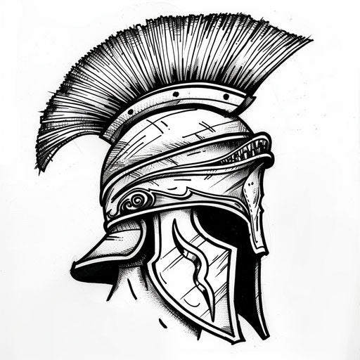 Roman helmet with crest, black ink on white background