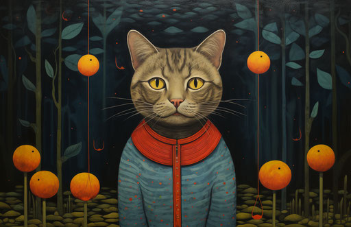 Cat standing staring into space, bengal school style