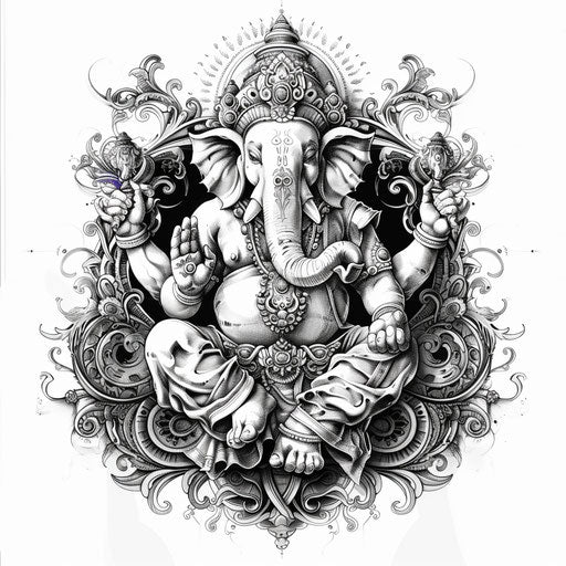 Elegant Ganesha tattoo sketch in monochrome clipart style, detailed drawing