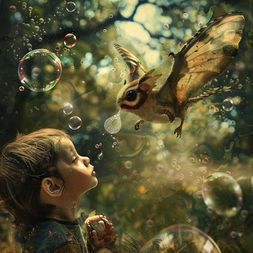 Sugar glider flying next to a child blowing bubbles in a park