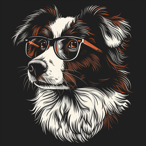 Border collie with glasses, screen printing style black and crimson