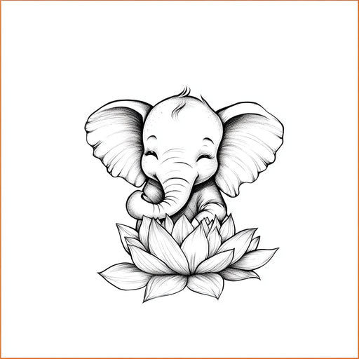 Small elephant with lotus flower tattoo, pure white background