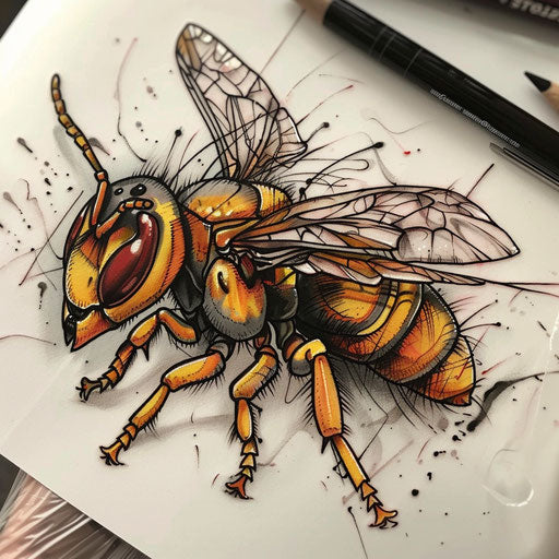 Neo-traditional tattoo sketch of a wasp with saturated colors