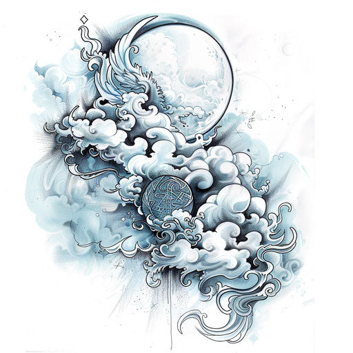 Mystical cloud tattoo design with symbols on white
