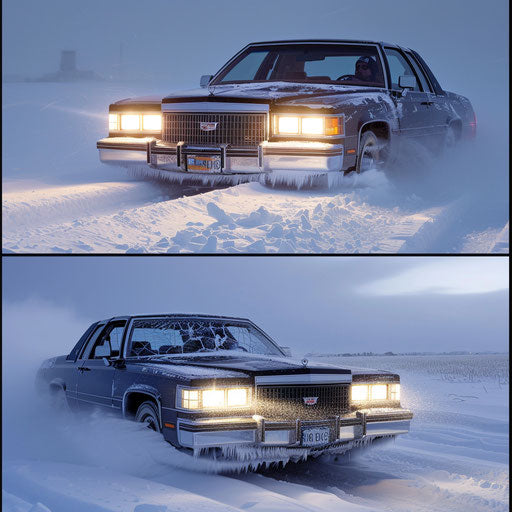 Modified Cadillac for extreme weather navigating blizzard