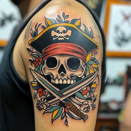 Quarter sleeve tattoo with pirate skull and crossed swords in Sailor Jerry style