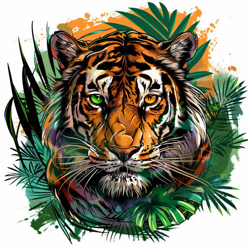 Exotic flat tattoo sketch of a Russian mafia tiger prowling a jungle, vibrant greens and oranges, clipart design