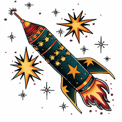 Flat sketch of a traditional tattoo of a firework rocket, deep blues and bright yellows, clipart style