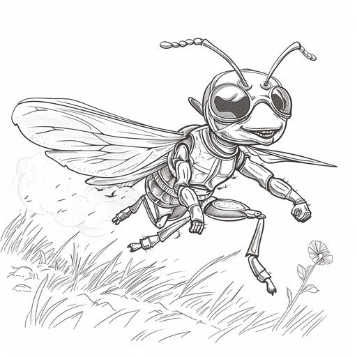 Whimsical superhero ant flying through the air.