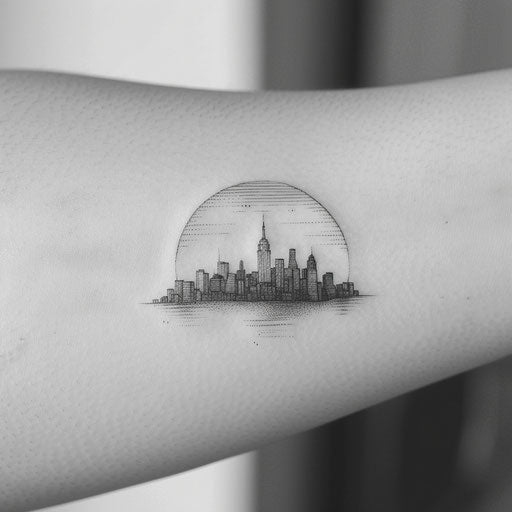 Intricate sunset tattoo with fine lines depicting a city skyline under a dusky sky, on a white background.