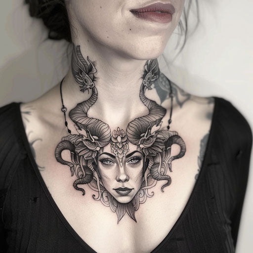 Surreal chest tattoo with mythical creatures