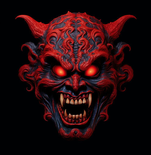 Red demon head on black background, exaggerated caricature