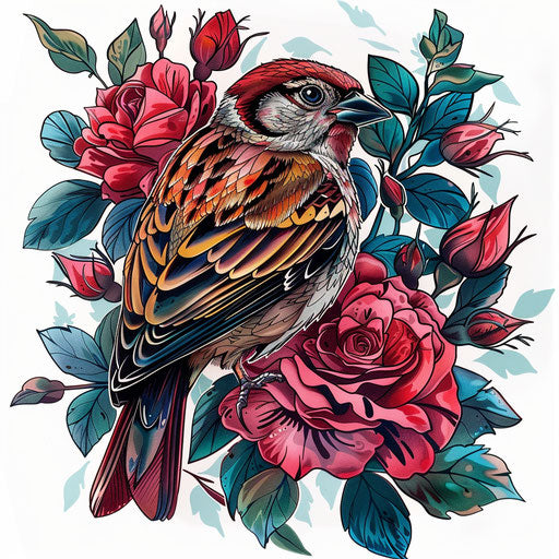 Neo-traditional sparrow surrounded by roses and leaves, inked in vibrant colors, on a white digital canvas.