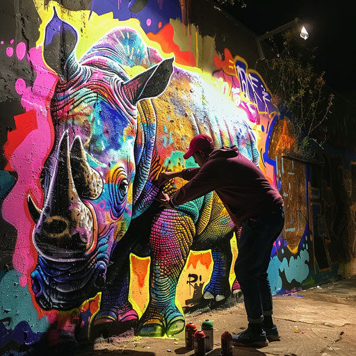 Rhino graffiti artist painting colorful mural on urban wall at night