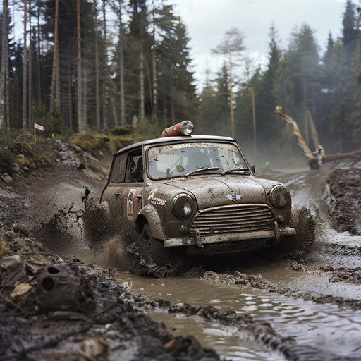 1980 Mini Cooper rally jump in Scandinavian landscape