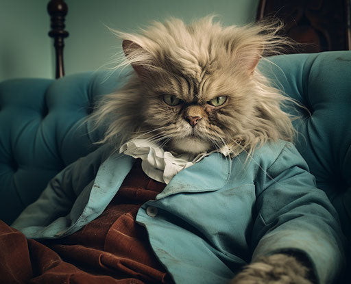 Elderly cat on couch with dark beige and sky-blue style, strong expression