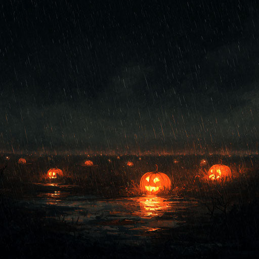Rainy night with glowing pumpkins in a dark scene