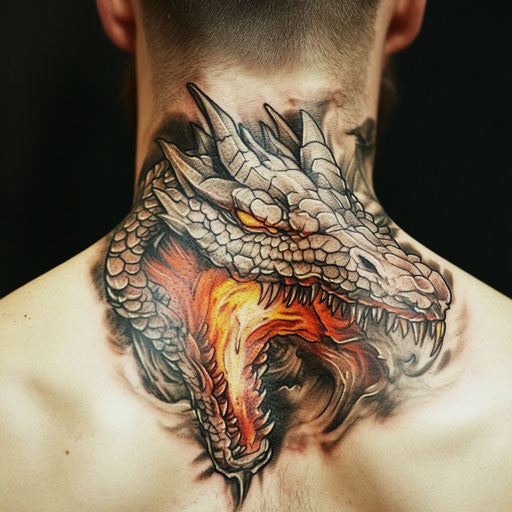 Back neck tattoo men Adrian Smith style featuring dragon's head fire