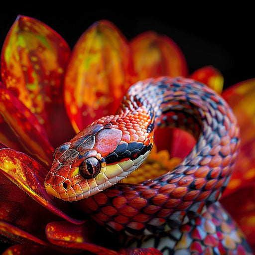Corn snake coiled around a vibrant flower