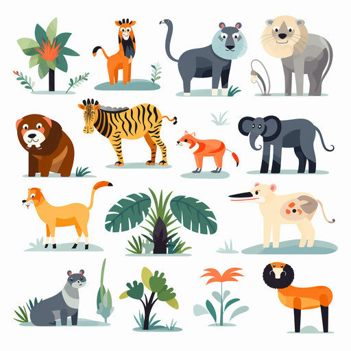 Jungle animals in Minimalist style, on white background