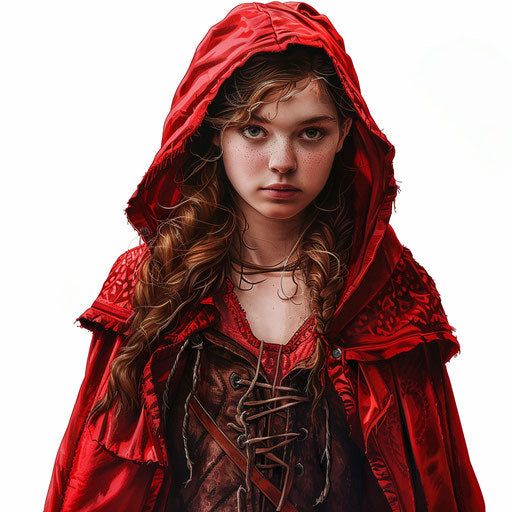 Little red riding hood clipart in photo realistic style with a flat random background, metallic sheen and realistic textures