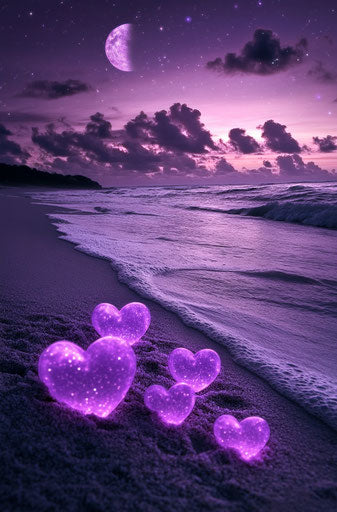 Glowing purple hearts on the beach at night, with the moon and stars in the background