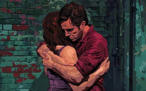 Embracing a woman emoctu in the style of Mike Judge