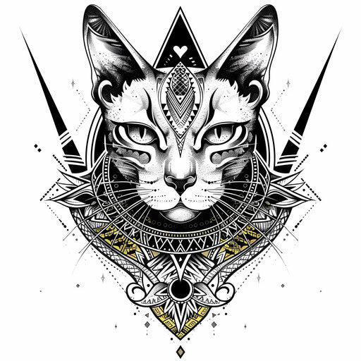 Exotic flat tattoo sketch of Bastet enhanced with traditional African tribal patterns