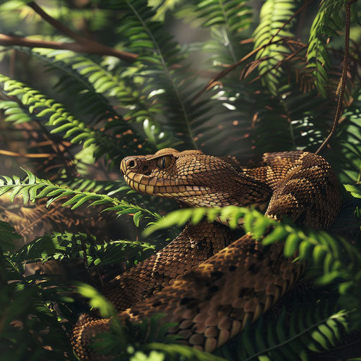 Rattlesnake under fern in the shade