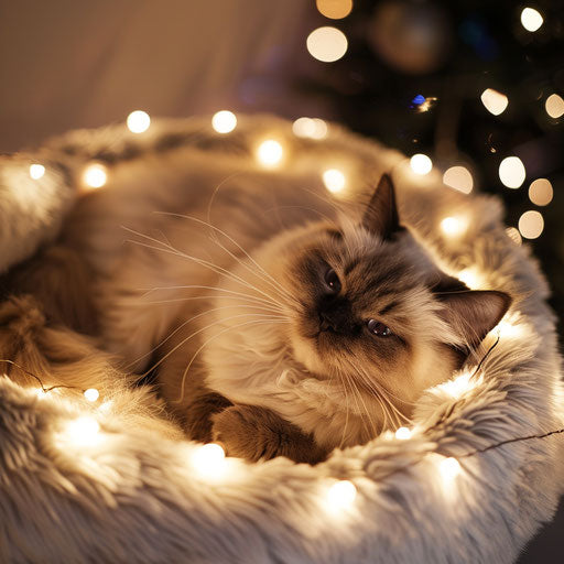 Himalayan cat in a cozy cat bed with fairy lights around