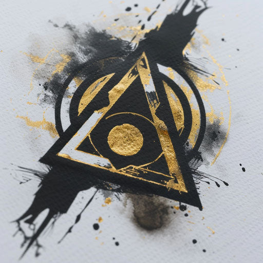 Alchemical symbol curse mark tattoo in golds and blacks on white