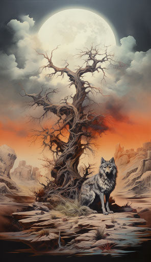 Colorful tattoo with tree and wolf, realistic style, apocalypse landscape